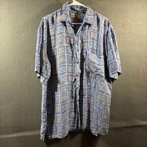 vtg men silk shirt large blue graphic aztec geometric hawaiian 80s retro indie